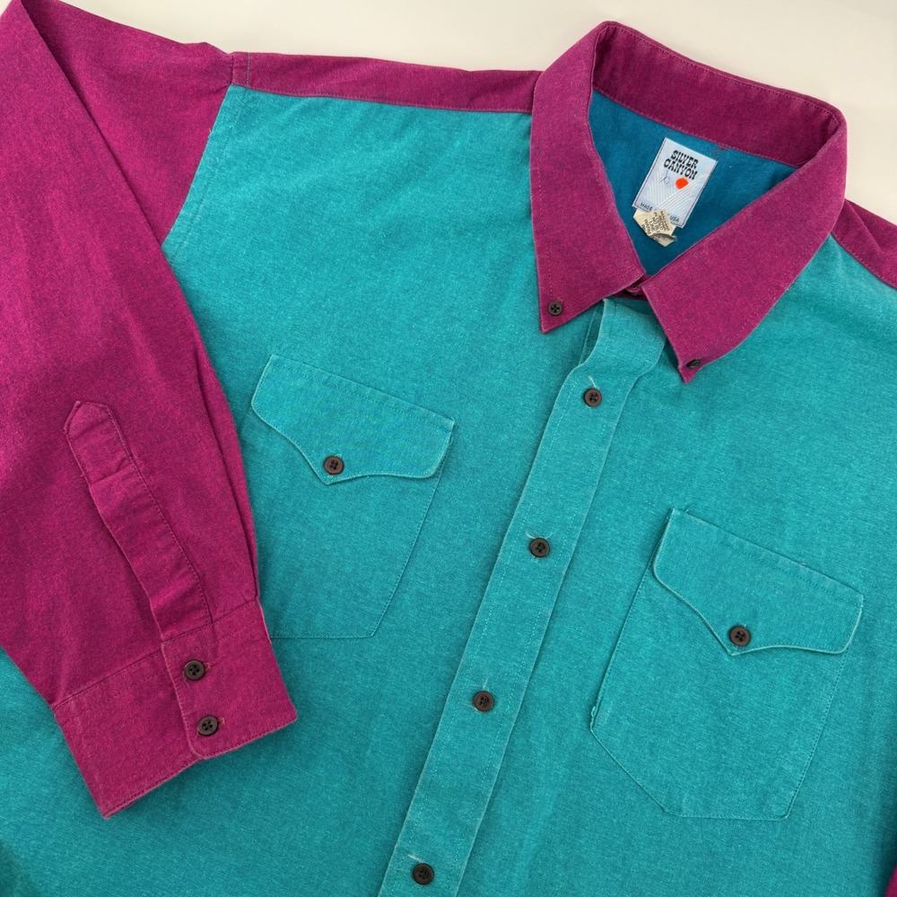 Vintage Silver Canyon Western Shirt Mens XL Teal Magenta Colorblock Made in USA